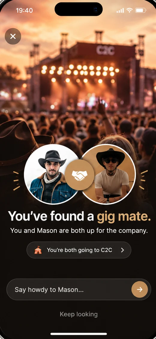 The match screen: you have found a gig mate, both going to C2C