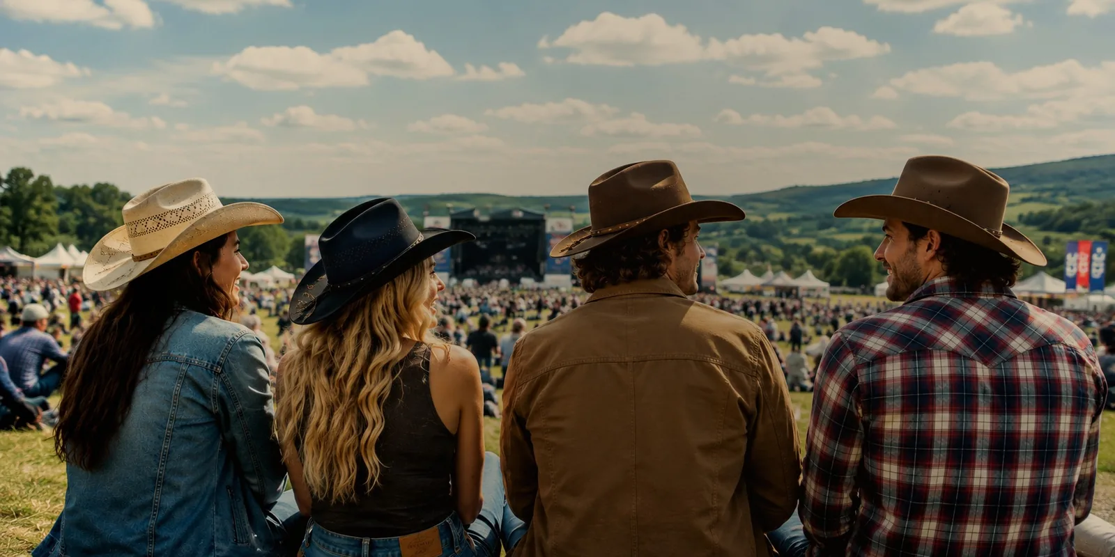 Four friends in cowboy hats, seen from behind, watching a festival stage under a big sky